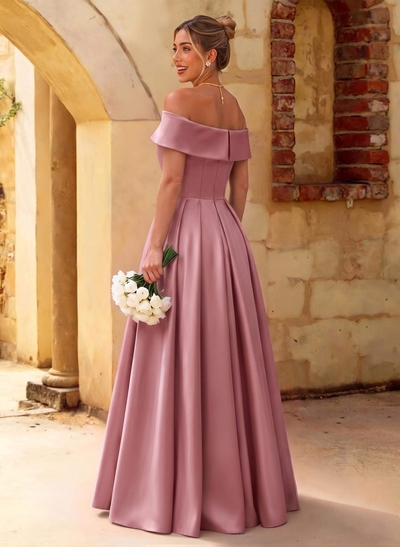 A-Line Off-The-Shoulder Floor-Length Satin Bridesmaid Dresses With Split Front