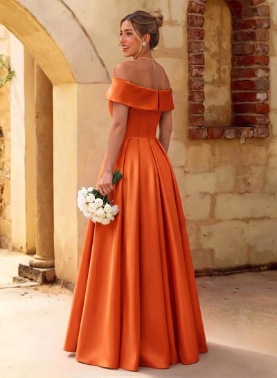 A-Line Off-The-Shoulder Floor-Length Satin Bridesmaid Dresses With Split Front