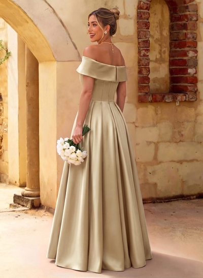 A-Line Off-The-Shoulder Floor-Length Satin Bridesmaid Dresses With Split Front