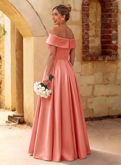 A-Line Off-The-Shoulder Floor-Length Satin Bridesmaid Dresses With Split Front