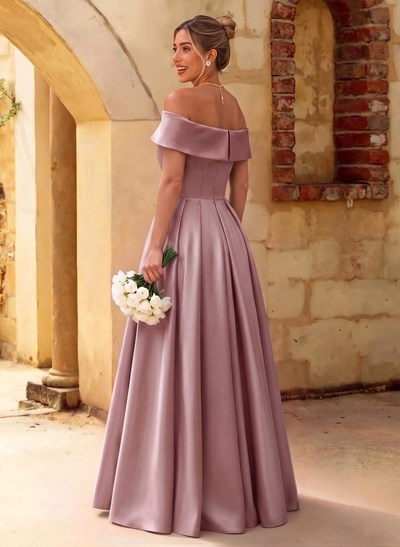 A-Line Off-The-Shoulder Floor-Length Satin Bridesmaid Dresses With Split Front