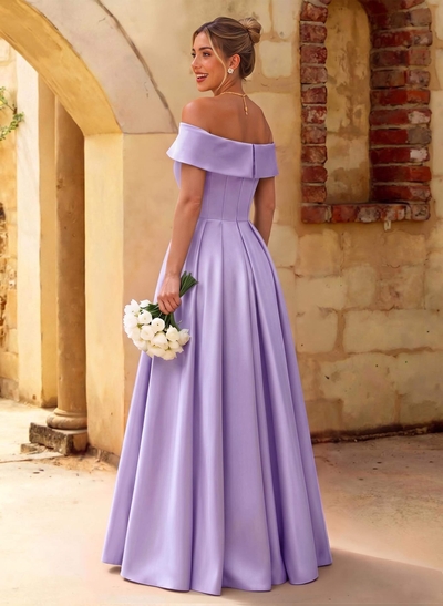 A-Line Off-The-Shoulder Floor-Length Satin Bridesmaid Dresses With Split Front