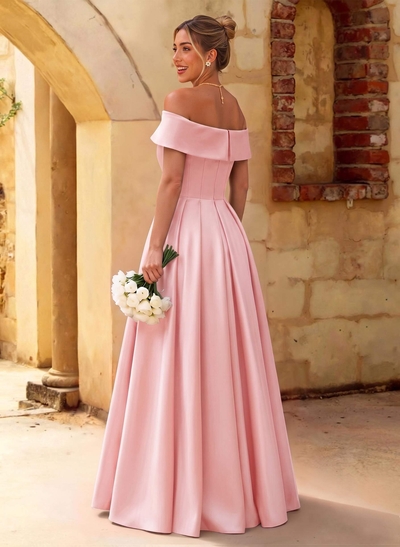 A-Line Off-The-Shoulder Floor-Length Satin Bridesmaid Dresses With Split Front