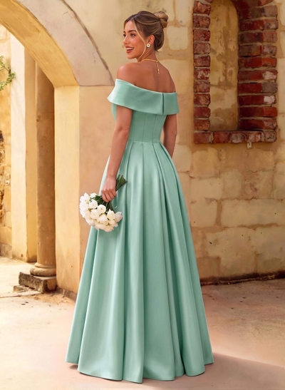 A-Line Off-The-Shoulder Floor-Length Satin Bridesmaid Dresses With Split Front
