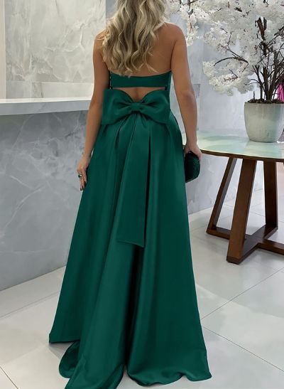 A-Line Strapless Sleeveless Sweep Train Satin Bridesmaid Dresses With Bow(s)