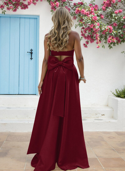 A-Line Strapless Sleeveless Sweep Train Matte Satin Bridesmaid Dresses With Bow(s)