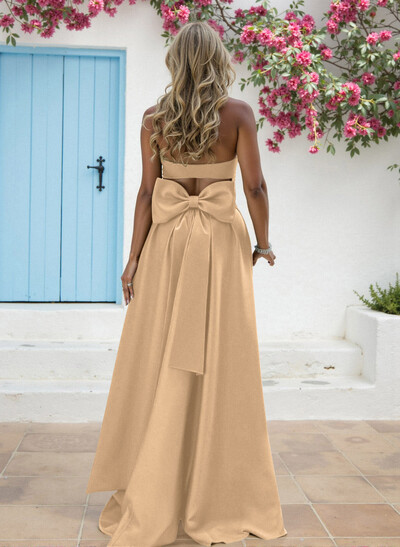 A-Line Strapless Sleeveless Sweep Train Matte Satin Bridesmaid Dresses With Bow(s)