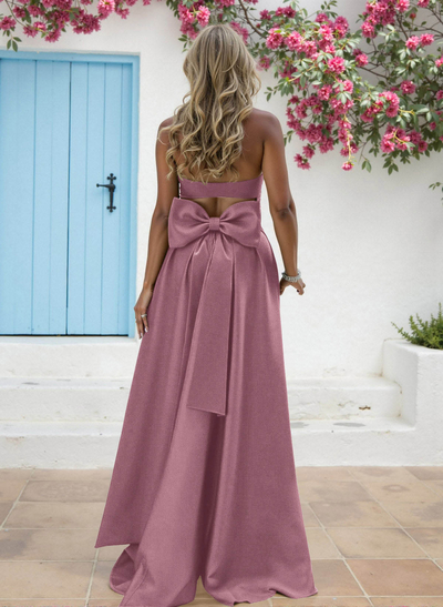 A-Line Strapless Sleeveless Sweep Train Matte Satin Bridesmaid Dresses With Bow(s)