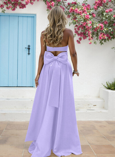 A-Line Strapless Sleeveless Sweep Train Matte Satin Bridesmaid Dresses With Bow(s)