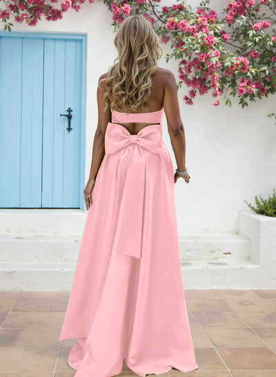 A-Line Strapless Sleeveless Sweep Train Matte Satin Bridesmaid Dresses With Bow(s)