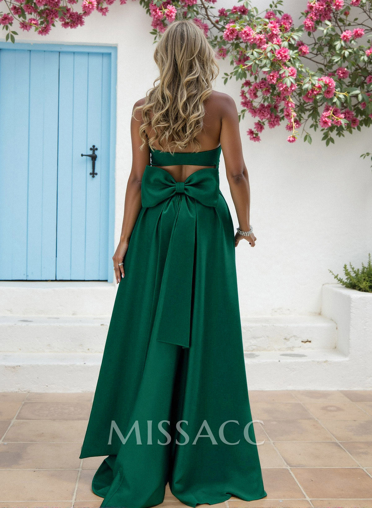 A-Line Strapless Sleeveless Sweep Train Matte Satin Bridesmaid Dresses With Bow(s)