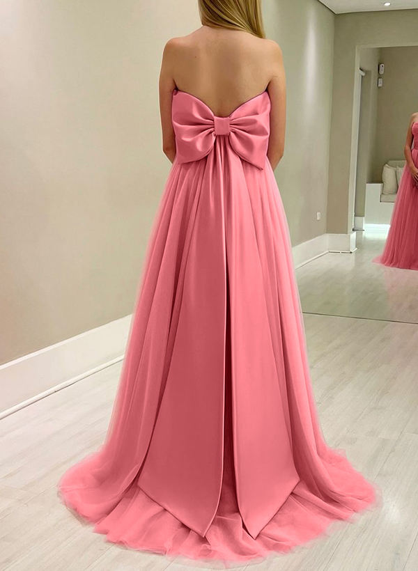 A-Line Strapless Sleeveless Sweep Train Satin/Tulle Bridesmaid Dresses With Bow(s)