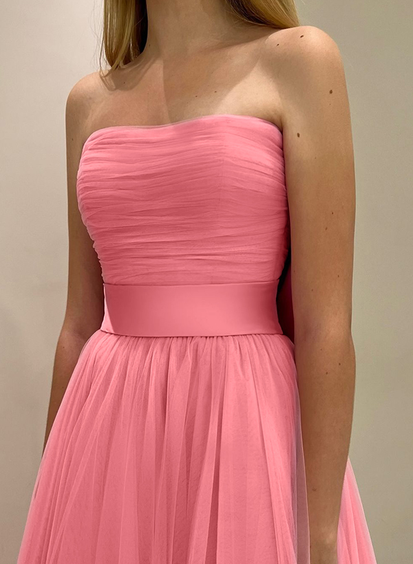 A-Line Strapless Sleeveless Sweep Train Satin/Tulle Bridesmaid Dresses With Bow(s)