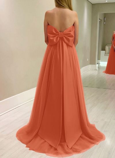 A-Line Strapless Sleeveless Sweep Train Satin/Tulle Bridesmaid Dresses With Bow(s)