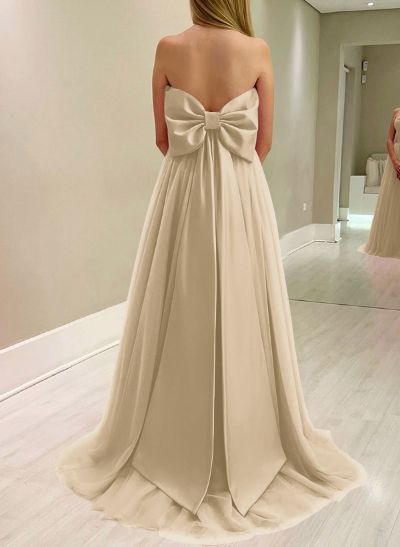 A-Line Strapless Sleeveless Sweep Train Satin/Tulle Bridesmaid Dresses With Bow(s)