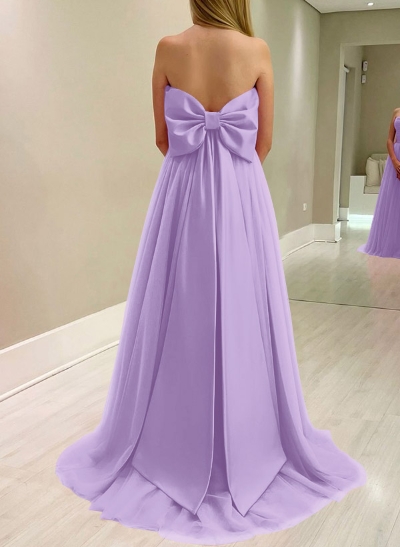 A-Line Strapless Sleeveless Sweep Train Satin/Tulle Bridesmaid Dresses With Bow(s)