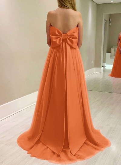 A-Line Strapless Sleeveless Sweep Train Satin/Tulle Bridesmaid Dresses With Bow(s)