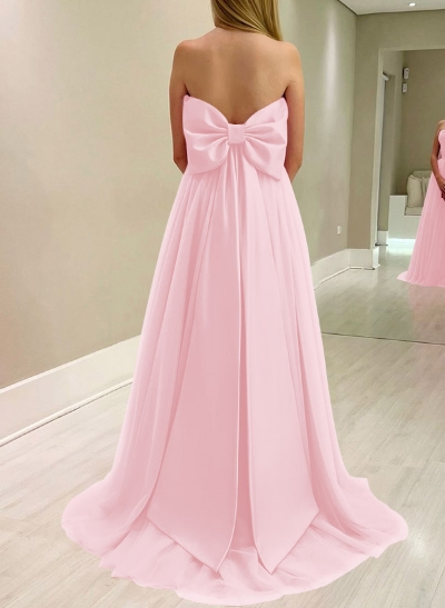 A-Line Strapless Sleeveless Sweep Train Satin/Tulle Bridesmaid Dresses With Bow(s)