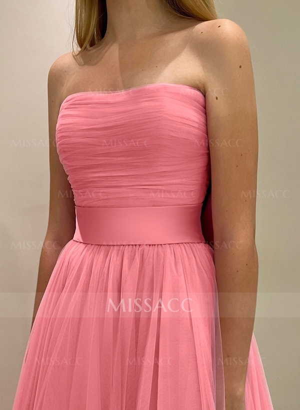 A-Line Strapless Sleeveless Sweep Train Satin/Tulle Bridesmaid Dresses With Bow(s)