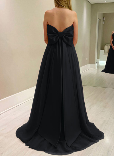 A-Line Strapless Sleeveless Sweep Train Satin/Tulle Bridesmaid Dresses With Bow(s)