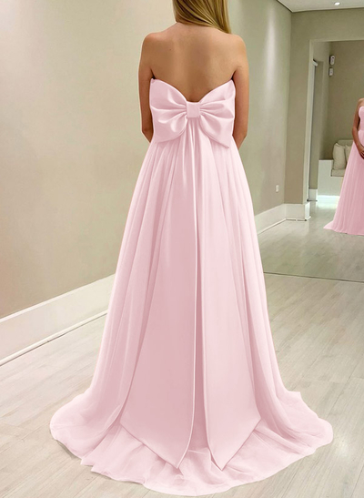 A-Line Strapless Sleeveless Sweep Train Satin/Tulle Bridesmaid Dresses With Bow(s)