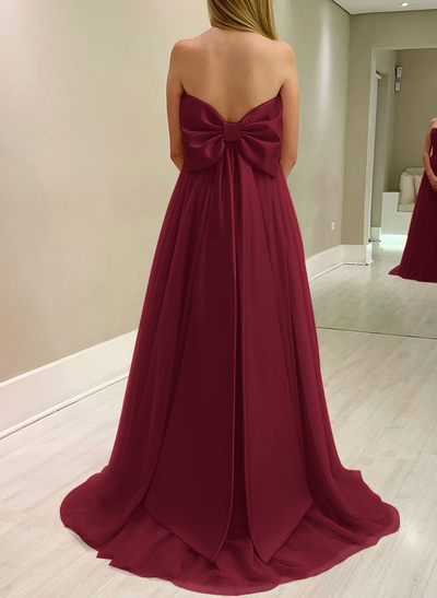 A-Line Strapless Sleeveless Sweep Train Satin/Tulle Bridesmaid Dresses With Bow(s)