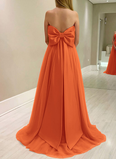 A-Line Strapless Sleeveless Sweep Train Satin/Tulle Bridesmaid Dresses With Bow(s)