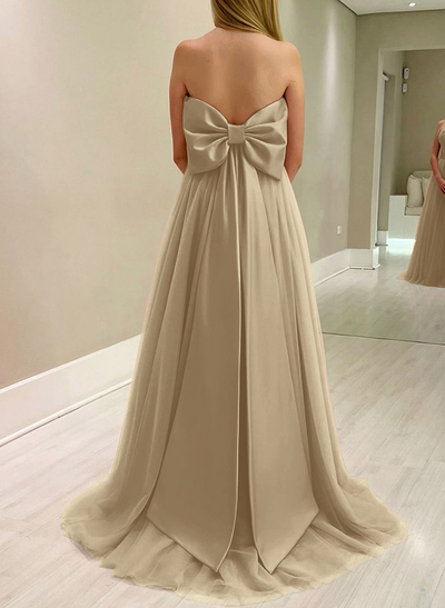 A-Line Strapless Sleeveless Sweep Train Satin/Tulle Bridesmaid Dresses With Bow(s)