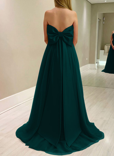 A-Line Strapless Sleeveless Sweep Train Satin/Tulle Bridesmaid Dresses With Bow(s)