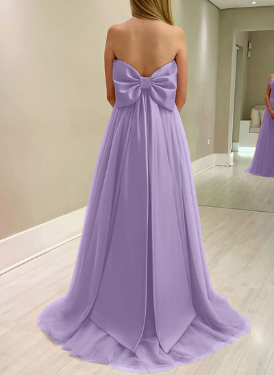 A-Line Strapless Sleeveless Sweep Train Satin/Tulle Bridesmaid Dresses With Bow(s)