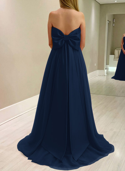 A-Line Strapless Sleeveless Sweep Train Satin/Tulle Bridesmaid Dresses With Bow(s)