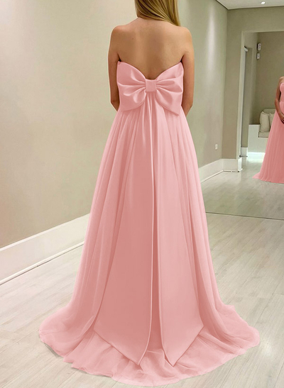 A-Line Strapless Sleeveless Sweep Train Satin/Tulle Bridesmaid Dresses With Bow(s)