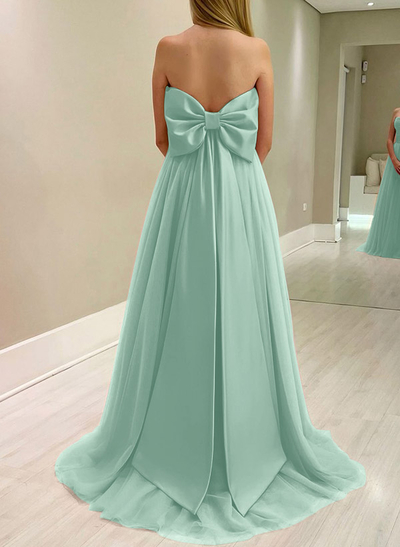 A-Line Strapless Sleeveless Sweep Train Satin/Tulle Bridesmaid Dresses With Bow(s)