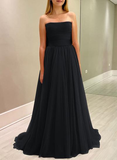 A-Line Strapless Sleeveless Sweep Train Satin/Tulle Bridesmaid Dresses With Bow(s)