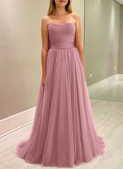 A-Line Strapless Sleeveless Sweep Train Satin/Tulle Bridesmaid Dresses With Bow(s)
