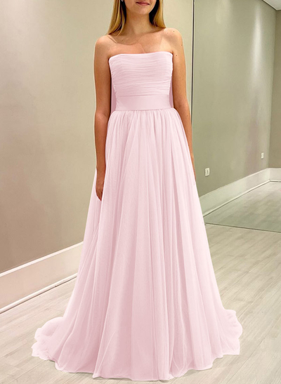 A-Line Strapless Sleeveless Sweep Train Satin/Tulle Bridesmaid Dresses With Bow(s)