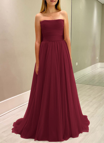 A-Line Strapless Sleeveless Sweep Train Satin/Tulle Bridesmaid Dresses With Bow(s)