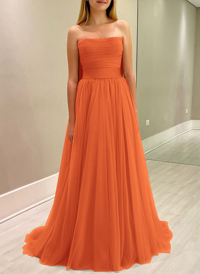 A-Line Strapless Sleeveless Sweep Train Satin/Tulle Bridesmaid Dresses With Bow(s)