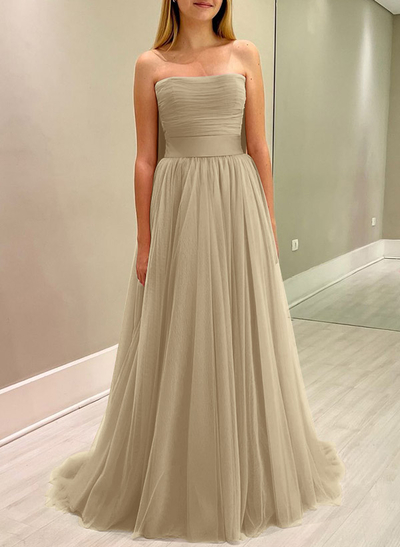 A-Line Strapless Sleeveless Sweep Train Satin/Tulle Bridesmaid Dresses With Bow(s)