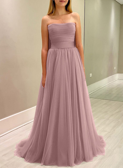 A-Line Strapless Sleeveless Sweep Train Satin/Tulle Bridesmaid Dresses With Bow(s)