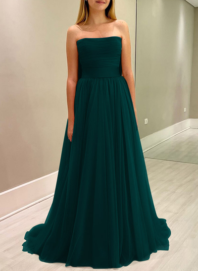 A-Line Strapless Sleeveless Sweep Train Satin/Tulle Bridesmaid Dresses With Bow(s)