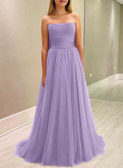 A-Line Strapless Sleeveless Sweep Train Satin/Tulle Bridesmaid Dresses With Bow(s)