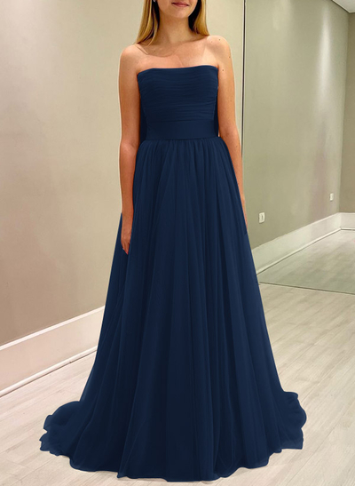 A-Line Strapless Sleeveless Sweep Train Satin/Tulle Bridesmaid Dresses With Bow(s)