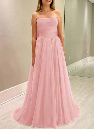 A-Line Strapless Sleeveless Sweep Train Satin/Tulle Bridesmaid Dresses With Bow(s)