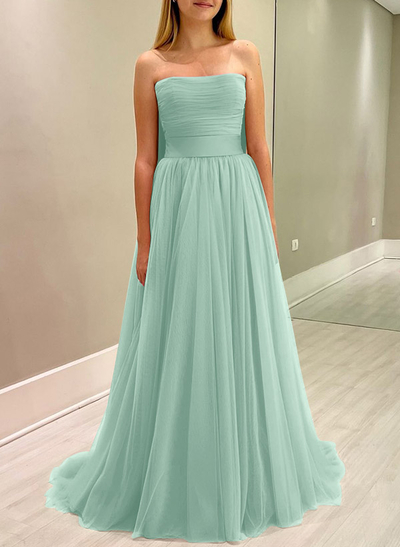 A-Line Strapless Sleeveless Sweep Train Satin/Tulle Bridesmaid Dresses With Bow(s)