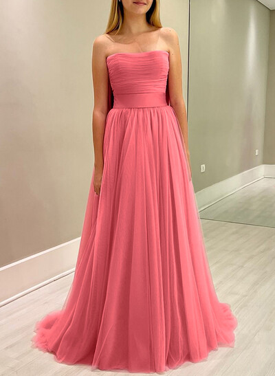 A-Line Strapless Sleeveless Sweep Train Satin/Tulle Bridesmaid Dresses With Bow(s)