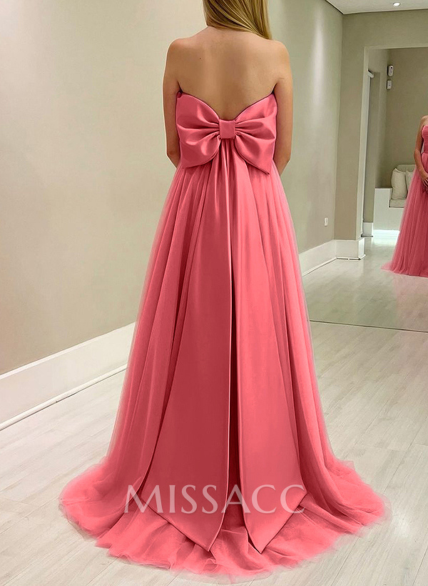 A-Line Strapless Sleeveless Sweep Train Satin/Tulle Bridesmaid Dresses With Bow(s) A-Line Strapless Sleeveless Sweep Train Satin/Tulle Bridesmaid Dresses With Bow(s)