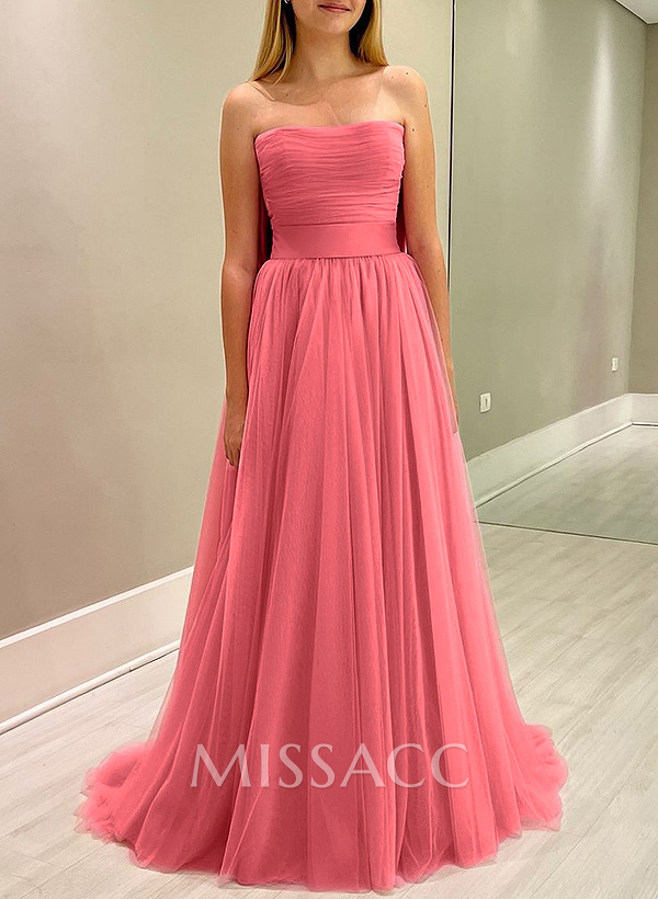 A-Line Strapless Sleeveless Sweep Train Satin/Tulle Bridesmaid Dresses With Bow(s) A-Line Strapless Sleeveless Sweep Train Satin/Tulle Bridesmaid Dresses With Bow(s)