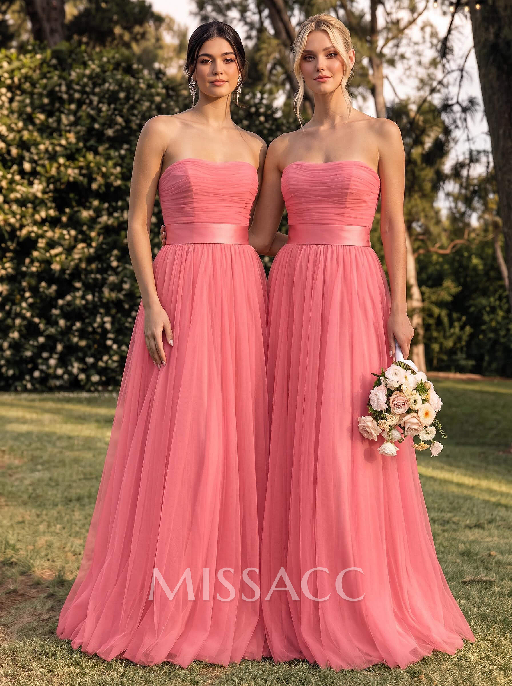 A-Line Strapless Sleeveless Sweep Train Satin/Tulle Bridesmaid Dresses With Bow(s)