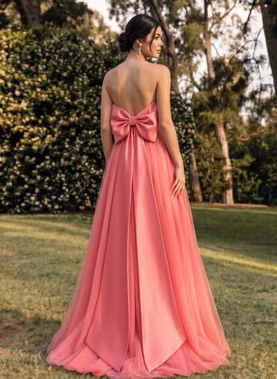 A-Line Strapless Sleeveless Sweep Train Satin/Tulle Bridesmaid Dresses With Bow(s)